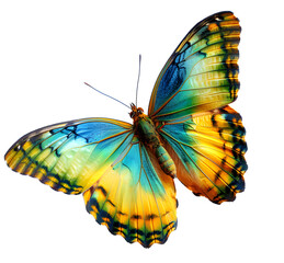 Beautiful blue, yellow, and green butterfly in flight on a white background.