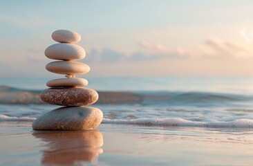   A stack of rocks atop a sandy beach, beside the ocean On a wave-covered shore - obrazy, fototapety, plakaty