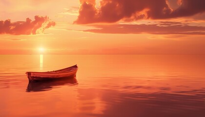   A small boat floats on a body of water, surrounded by cloudy skies The sun distances itself in the background