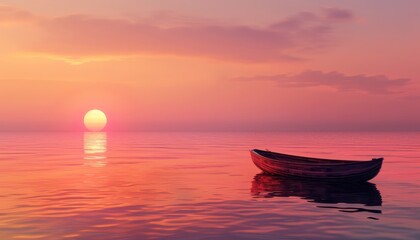   A tiny boat floats in the midst of a vast expanse of water as the sun sets, its orange glow visible in the distance