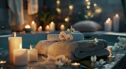  A couple of towels on a bath tub, nearby are two lit candles atop a table