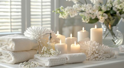 Fototapeta na wymiar A table, topped with numerous white towels, adjacent to a vase brimming with white flowers, and a cluster of lit candles