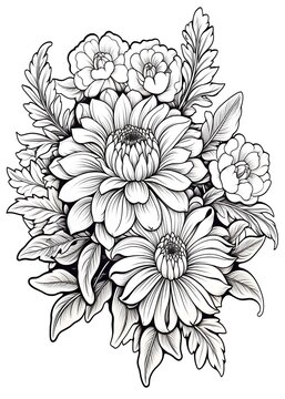 Floral Coloring Page, Bunch of flowers with leaves Coloring Page, Hand drawn Floral outline coloring page, Floral line art for coloring page, AI Generative