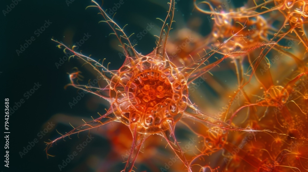 Poster an image of a red algal cell displaying its distinct polygonal shape and fine hairlike appendages.
