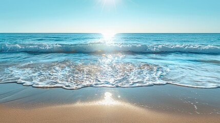 Fototapeta na wymiar sun shines over water; waves crash shore
