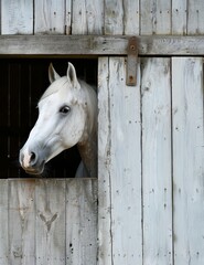   A white horse peeks out from a barn window, its head just above the wooden window sill