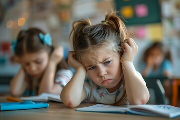 Children having trouble in solving exam in school classroom