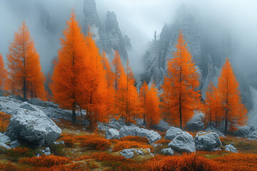 Orange larch trees in the dolomites. Created with Ai - obrazy, fototapety, plakaty