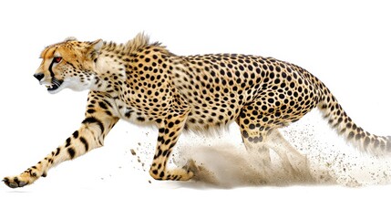   A cheetah runs on a white background in the snow Its sharp form is slightly blurred, giving an ethereal quality to the image