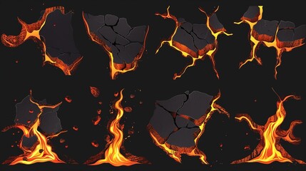 Dynamic lava cracks and molten rock textures on a dark background: an abstract representation of volcanic activity and geology - obrazy, fototapety, plakaty