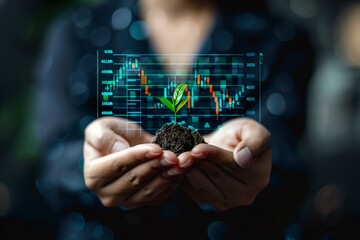 Trader with plant holding growing stock on virtual screen for investment growth concept