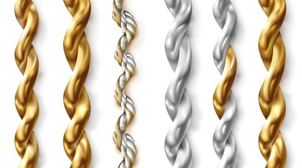 Luxury collection of twisted rope chains made of gold and silver on a white background