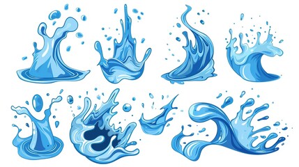 Dynamic collection of blue water splashes isolated on white background