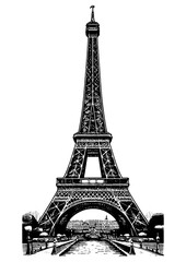 Eiffel Tower sketch engraving generative ai fictional character PNG illustration. Scratch board imitation. Black and white image.