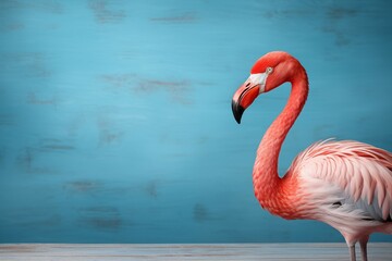 closeup flamingo on soft blue background with copy space