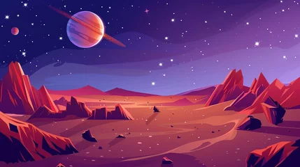 Muurstickers Surreal Martian landscape with distant planets and stars: a breathtaking illustration of extraterrestrial origin © Яна Деменишина