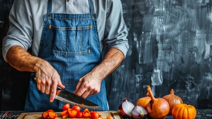   A man in an apron chops tomatoes with a knife on a cutting board Nearby, a bunch of pumpkins wait - obrazy, fototapety, plakaty