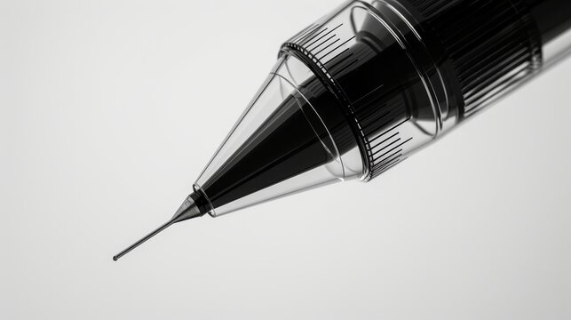   A monochrome image of a pen with its tip extending from the barrel
