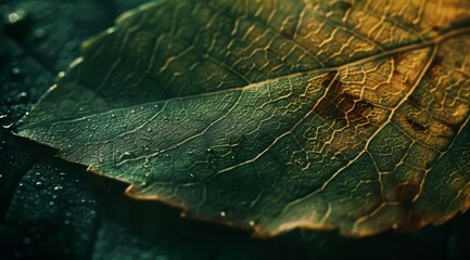   A tight shot of a verdant leaf, adorned with water droplets on its surface, against a dark backdrop