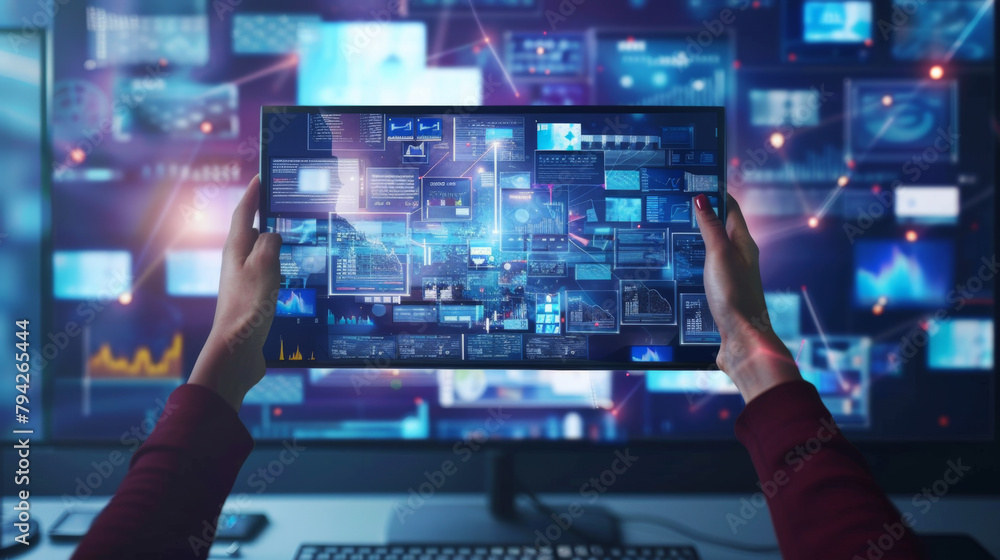 Poster a person is using a laptop to type on a screen that is filled with various graphs and numbers. conce