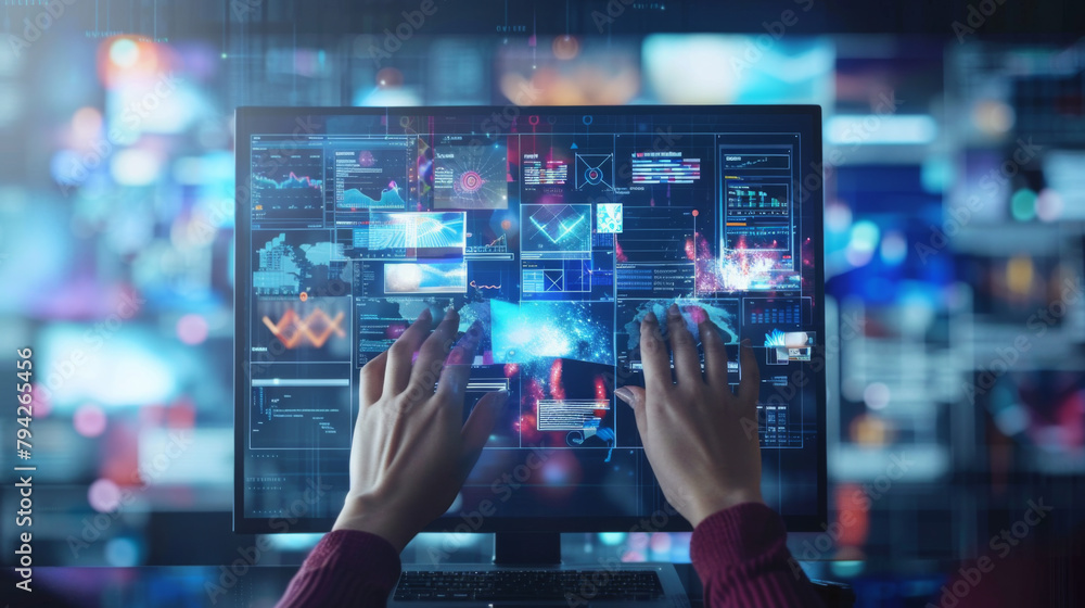 Poster a person is using a laptop to type on a screen that is filled with various graphs and numbers. conce