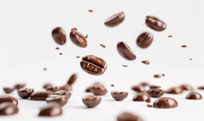   A cluster of coffee beans suspended in mid-air against a pristine white backdrop; a smattering of beans visible in the foreground