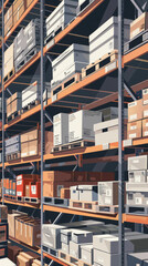 A warehouse with many boxes on shelves