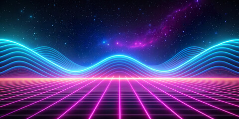 Vivid neon lines form a surreal landscape that originates from a vanishing point and undulates against a starry night sky. The vibrant colors of pink and blue create a striking contrast and evoke.AI  - obrazy, fototapety, plakaty
