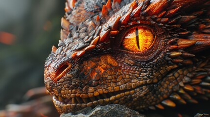   A dragon's eye in sharp focus, blurred background trees nearby - obrazy, fototapety, plakaty