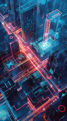 A cityscape with neon lights and buildings
