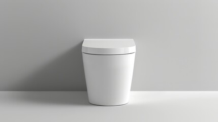   A white trashcan atop a pristine table, nestled against a gray wall, casts a shadow