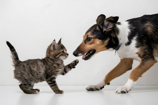 Adorable kitten and dog playfully interact in captivating poses against white background