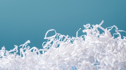   A pile of shredded white paper on a blue-and-white tablecloth against a blue sky background