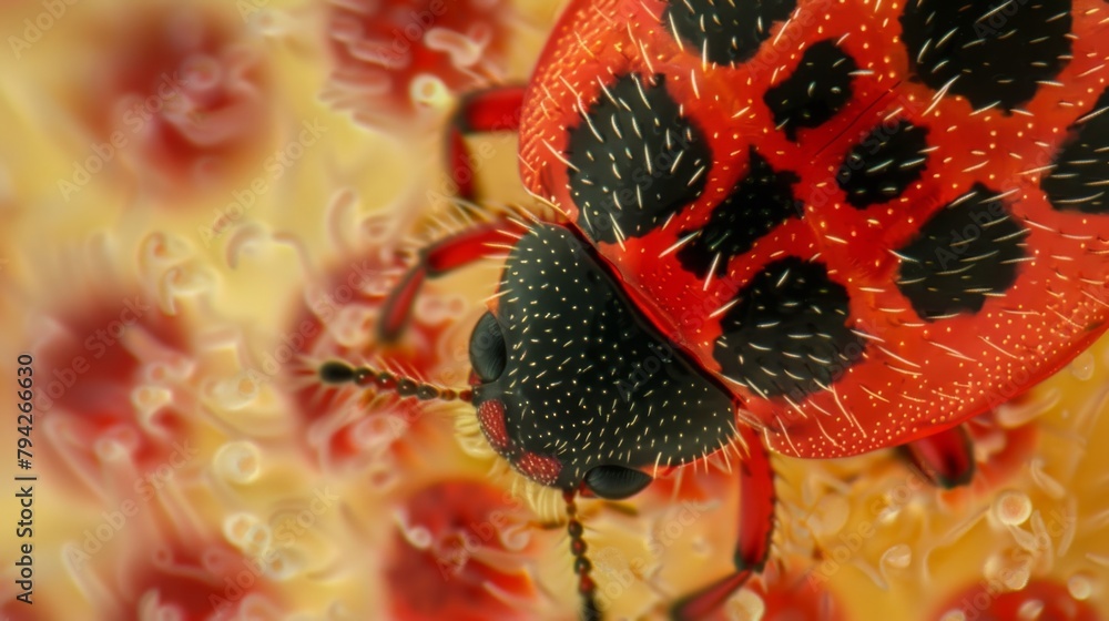 Poster a microscopic image of a vibrant red and black ladybug larva with its distinct segmented body and si