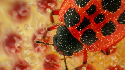 A microscopic image of a vibrant red and black ladybug larva with its distinct segmented body and six legs visible. These larvae are