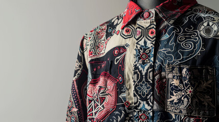 A man's shirt is covered in a variety of patterns and colors, including red