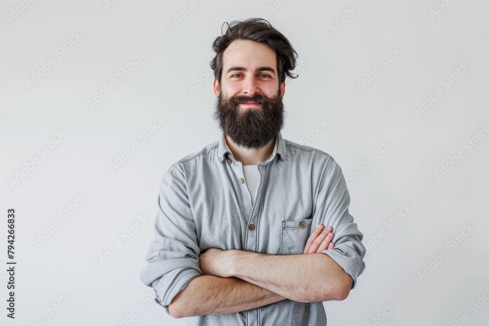 Wall mural   A bearded man stands with crossed arms, conveying seriousness as he gazes into the camera