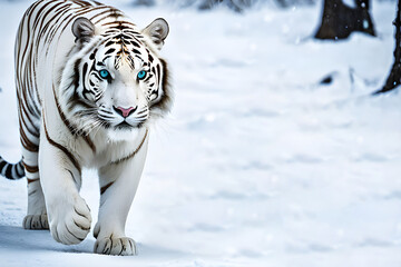 Majestic view of a tiger, a fierce and beautiful white tiger walking on the snow in the mountains.