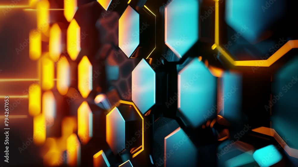 Poster abstract background featuring a hexagon pattern with glowing lights, ideal for futuristic or technol