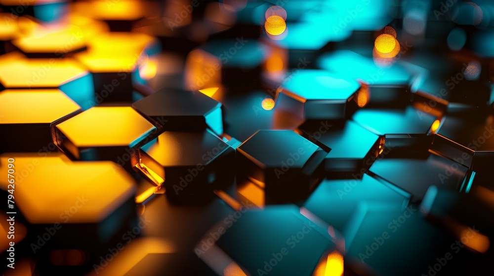Poster abstract background featuring a hexagon pattern with glowing lights, ideal for futuristic or technol