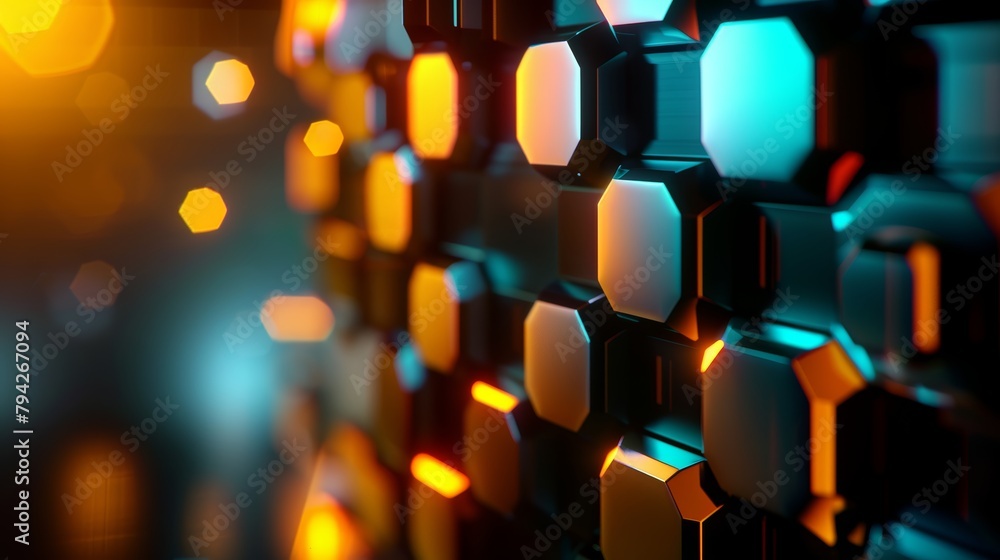 Poster abstract background featuring a hexagon pattern with glowing lights, ideal for futuristic or technol