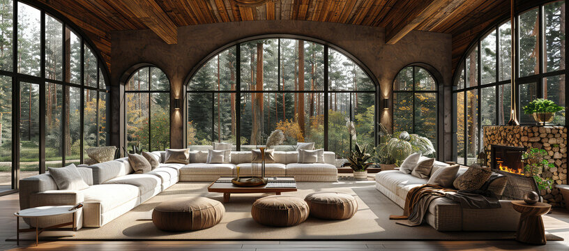 A rustic and cozy living room with large windows, high ceilings, comfortable sofas, a wooden coffee table, bookshelves, arched doorways. Created with Ai