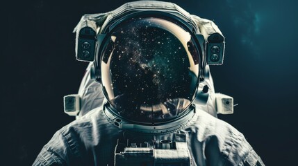 Space explorer in a suit with a helmet reflecting the starry universe - obrazy, fototapety, plakaty