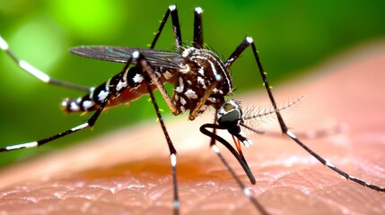   A tight shot of a mosquito on a human's arm against softly blurred green foliage
