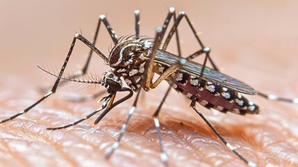   A tight shot of a mosquito on human skin, its head tilted sideways
