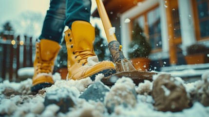   A person closely depicted shoveling snow, yellow rubber boot atop a stone pile