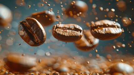  A collection of coffee beans suspended in the air, dripping with water at their bottom ends - obrazy, fototapety, plakaty