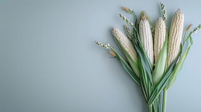   A collection of corn on the cob against a light blue backdrop Open space in the image's center