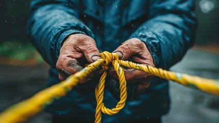   A person tightly grips one rope in each hand in this close-up image - obrazy, fototapety, plakaty