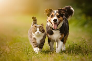 A dog and cat walk together in a peaceful field under golden light